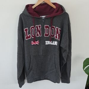 NWOT Zone One Gray London England Zip-up Hoodie with Maroon Accents